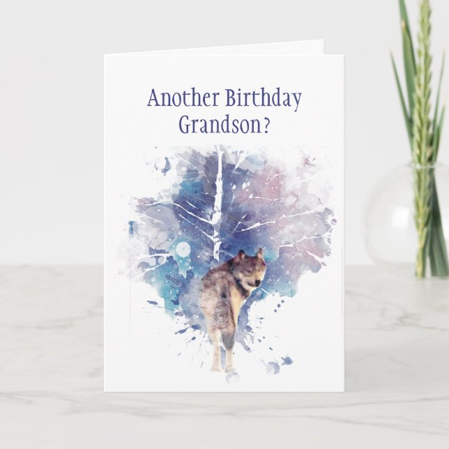Wolf Watercolor Grandson Birthday Humour  Card (Front)