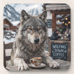 Wolf Wearing Glasses Drinking Coffee at Ski Resort Coaster