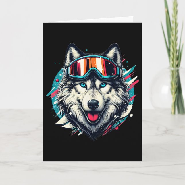 Wolf Wearing Ski Snowboard Goggles Wolf Skiing Lov Card (Front)