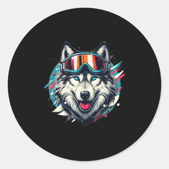 Wolf Wearing Ski Snowboard Goggles Wolf Skiing Lov Classic Round Sticker (Front)