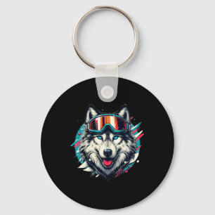 Wolf Wearing Ski Snowboard Goggles Wolf Skiing Lov Keychain