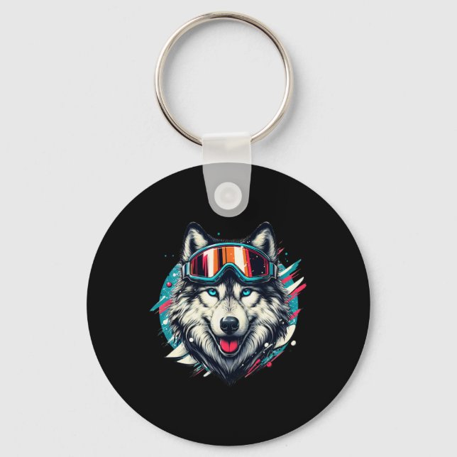 Wolf Wearing Ski Snowboard Goggles Wolf Skiing Lov Keychain (Front)