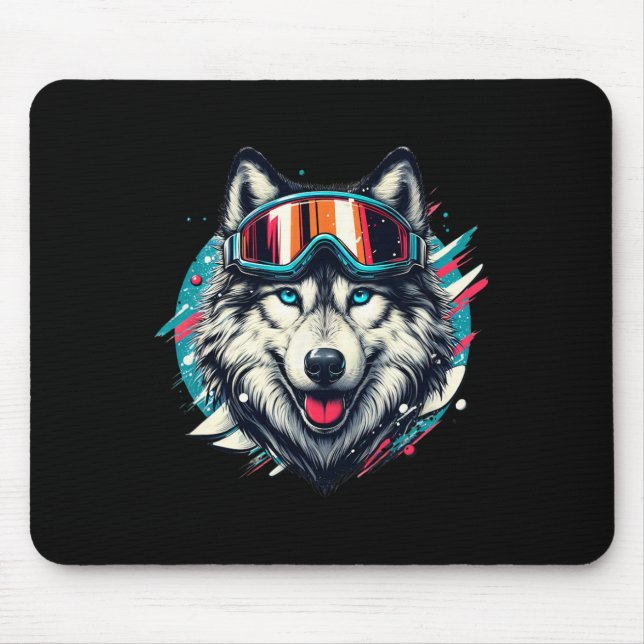 Wolf Wearing Ski Snowboard Goggles Wolf Skiing Lov Mouse Pad (Front)
