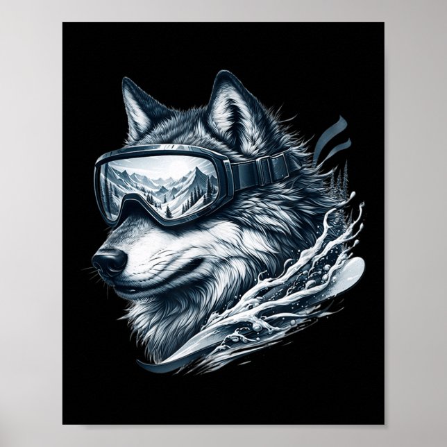 Wolf Wearing Ski Snowboard Goggles Wolf Skiing  Poster (Front)
