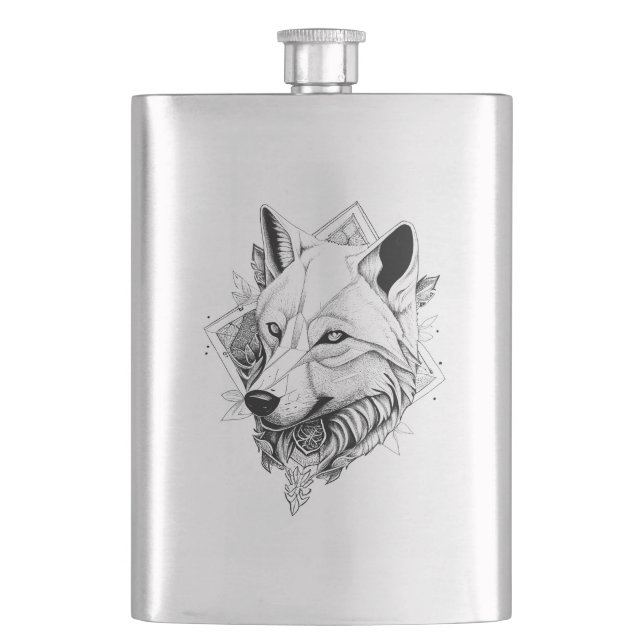 Wolf Wild Animal Nature Illustration Art Tattoo Hip Flask (Front)