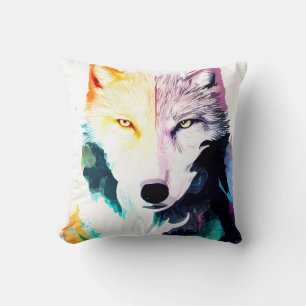 Wolf Wild Nature Animal Color Art Painting Throw Pillow