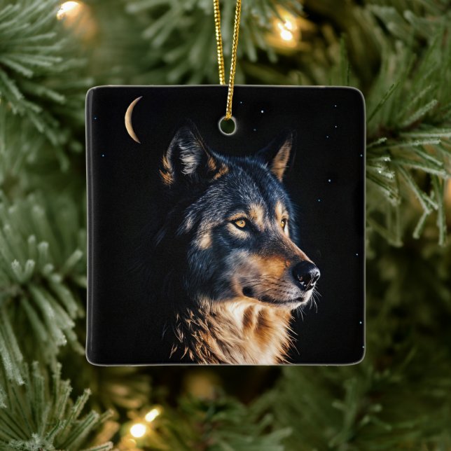 Wolf Wildlife and Moon Christmas Holiday Ceramic Ornament (Tree)