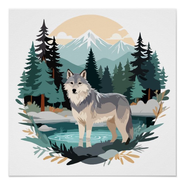 Wolf Wildlife Animal Nature Outdoors Watercolor  Poster (Front)