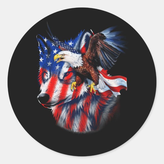 Wolf with Bald Eagle American Flag Independence Da Classic Round Sticker (Front)