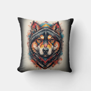 Wolf with Geometric Elements and Vibrant Colours Throw Pillow