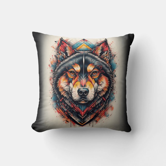Wolf with Geometric Elements and Vibrant Colours Throw Pillow (Front)