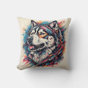 Wolf with Geometric Elements and Vibrant Colours Throw Pillow