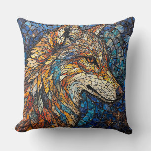Wolf with Vibrant Colourful Glass Pieces Throw Pillow