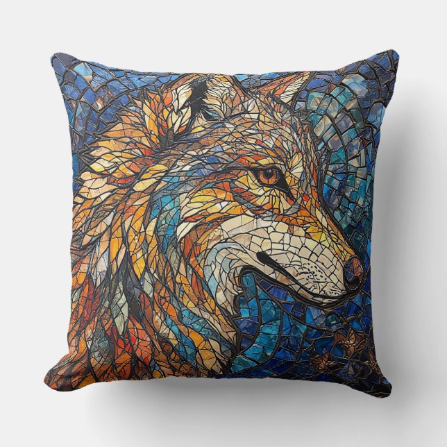 Wolf with Vibrant Colourful Glass Pieces Throw Pillow (Front)