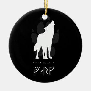 Wolf with viking runes ceramic ornament