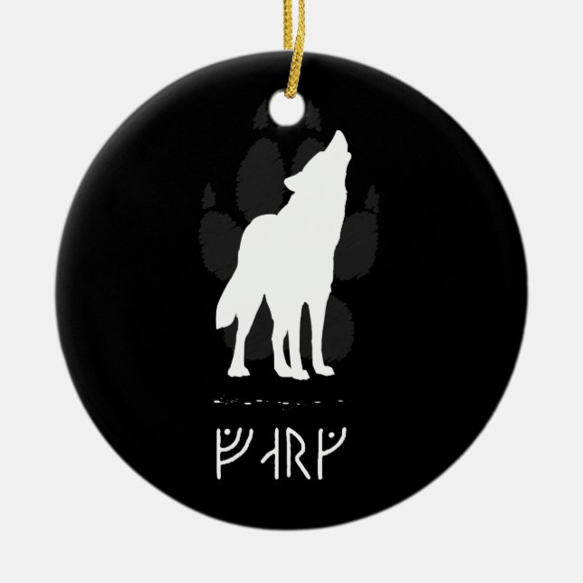 Wolf with viking runes ceramic ornament (Front)