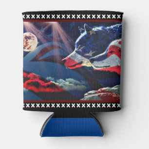 Wolf Wolves Full Moon American Flag Can Cooler