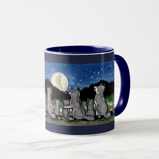 Wolf Wolves Howling at Moon Designer Dark Blue Mug (Front Right)