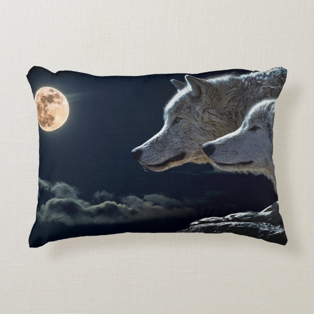 Wolf Wolves Howling at the Full Moon at Night Decorative Pillow (Front)