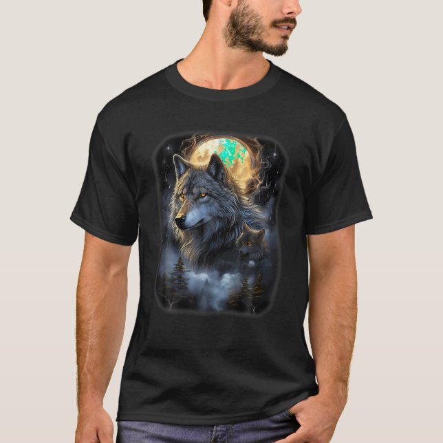 Wolf Wolves in Forest by Night Moon Fantasy Art Wi T-Shirt (Front)