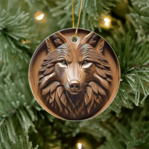 Wolf Wood Carving, Ceramic Ornament