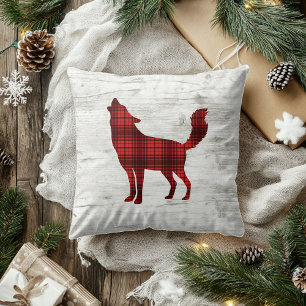 Wolf Woodland Birch Rood Buffalo Plaid Throw Pillow