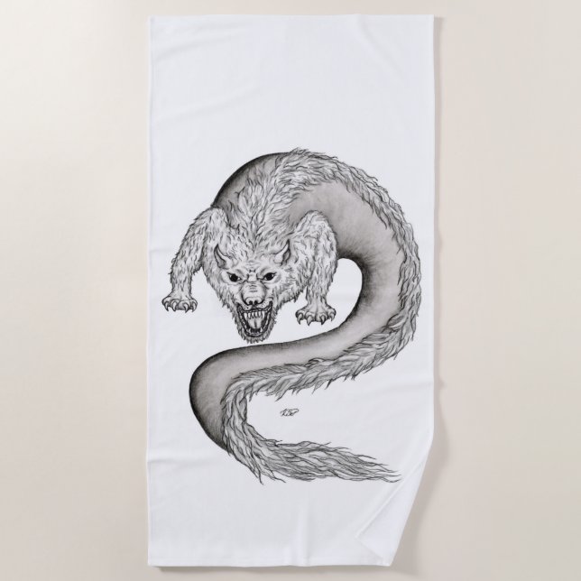 Wolfdragon black and white design beach towel (Front)