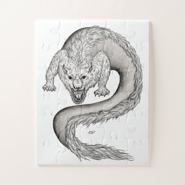 Wolfdragon black and white design jigsaw puzzle (Vertical)