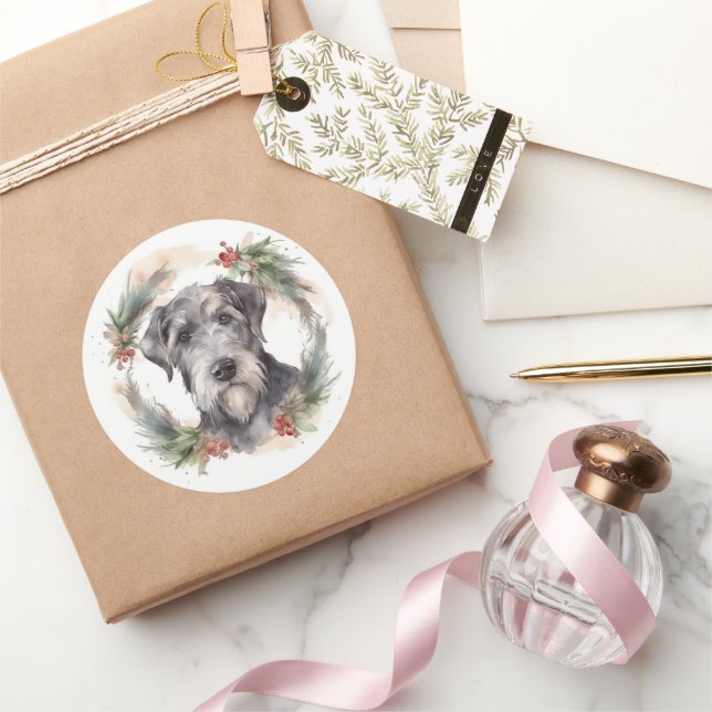 Wolfhound Christmas Wreath Festive Pup  Classic Round Sticker (Gifting)