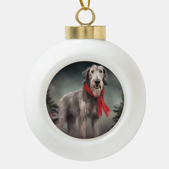 Wolfhound Dog in Snow Christmas Ceramic Ball Christmas Ornament (Front)