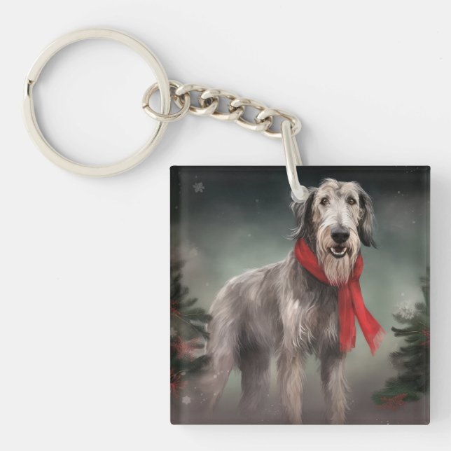 Wolfhound Dog in Snow Christmas Keychain (Front)