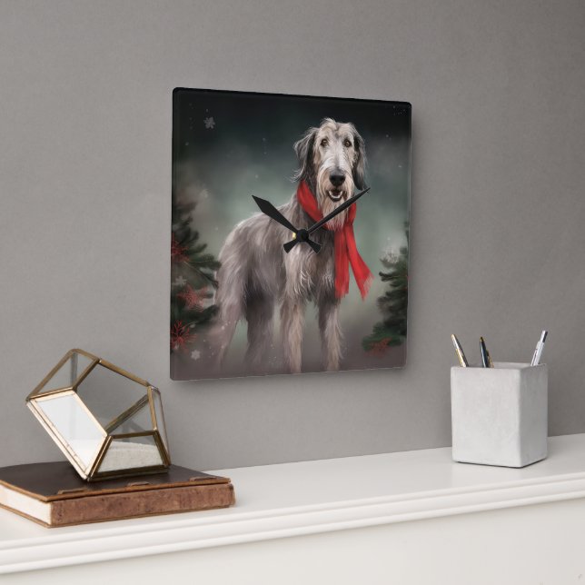 Wolfhound Dog in Snow Christmas Square Wall Clock (Office)