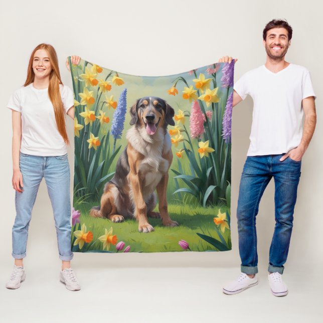 Wolfhound Dog Spring Flowers Painting Fleece Blanket (In Situ)