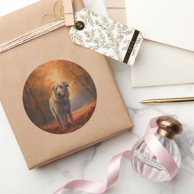 Wolfhound in Autumn Leaves Fall Inspire  Classic Round Sticker (Gifting)