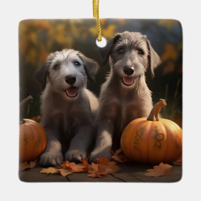 Wolfhound  Puppy Autumn Delight Pumpkin Ceramic Ornament (Front)