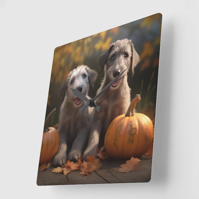 Wolfhound  Puppy Autumn Delight Pumpkin Square Wall Clock (Angle)