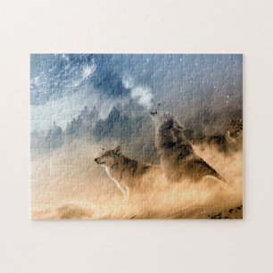 Wolfs Howl on a Cold Foggy Starry Star Fall Night Jigsaw Puzzle