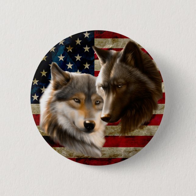 Wolves  American Flag 2 Inch Round Button (Front)