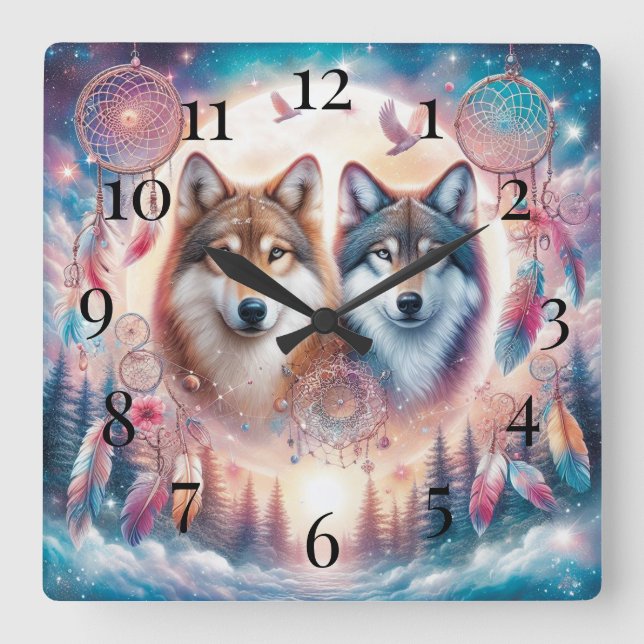 Wolves and Dreamcatchers  Square Wall Clock (Front)