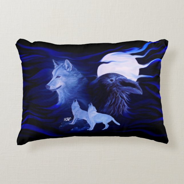 Wolves and Raven with full moon Accent Pillow (Front)
