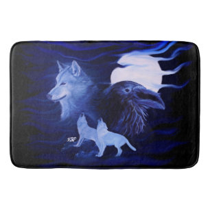 Wolves and Raven with full moon Bath Mat