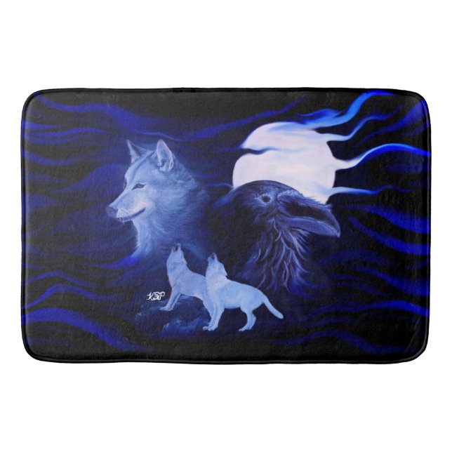 Wolves and Raven with full moon Bath Mat (Front)