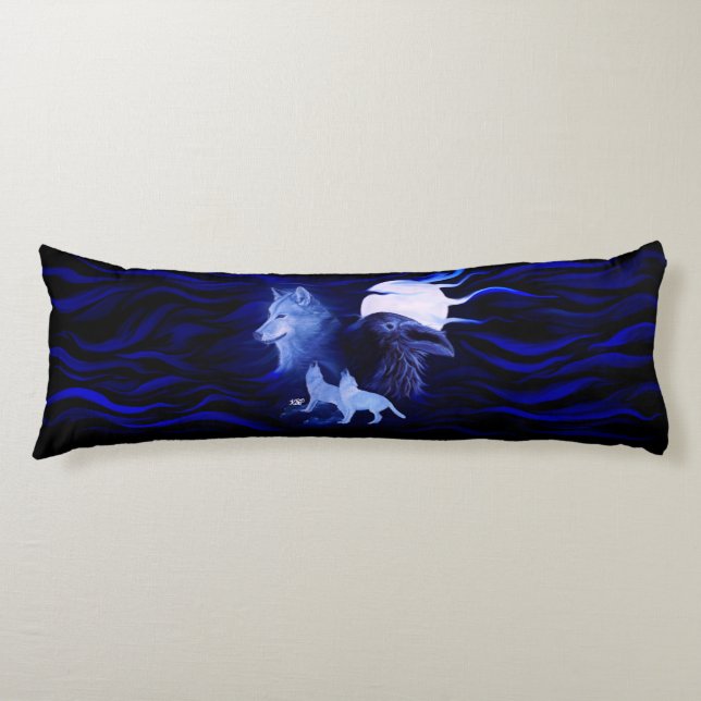 Wolves and Raven with full moon Body Pillow (Front)