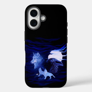 Wolves and Raven with full moon iPhone 16 Case