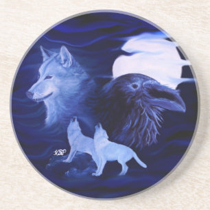 Wolves and Raven with full moon Coaster