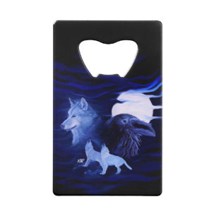 Wolves and Raven with full moon Credit Card Bottle Opener