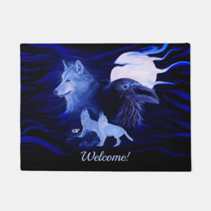 Wolves and Raven with full moon Doormat