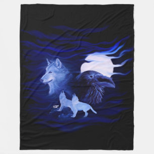 Wolves and Raven with full moon Fleece Blanket