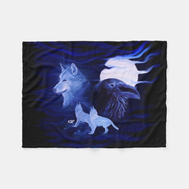 Wolves and Raven with full moon Fleece Blanket (Front (Horizontal))