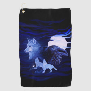 Wolves and Raven with full moon Golf Towel